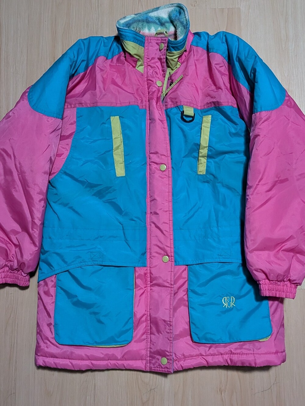 Vintage R&R Sport Ski Jacket Size 18 Neon Pink Blue Colorblock 80s 90s Retro
